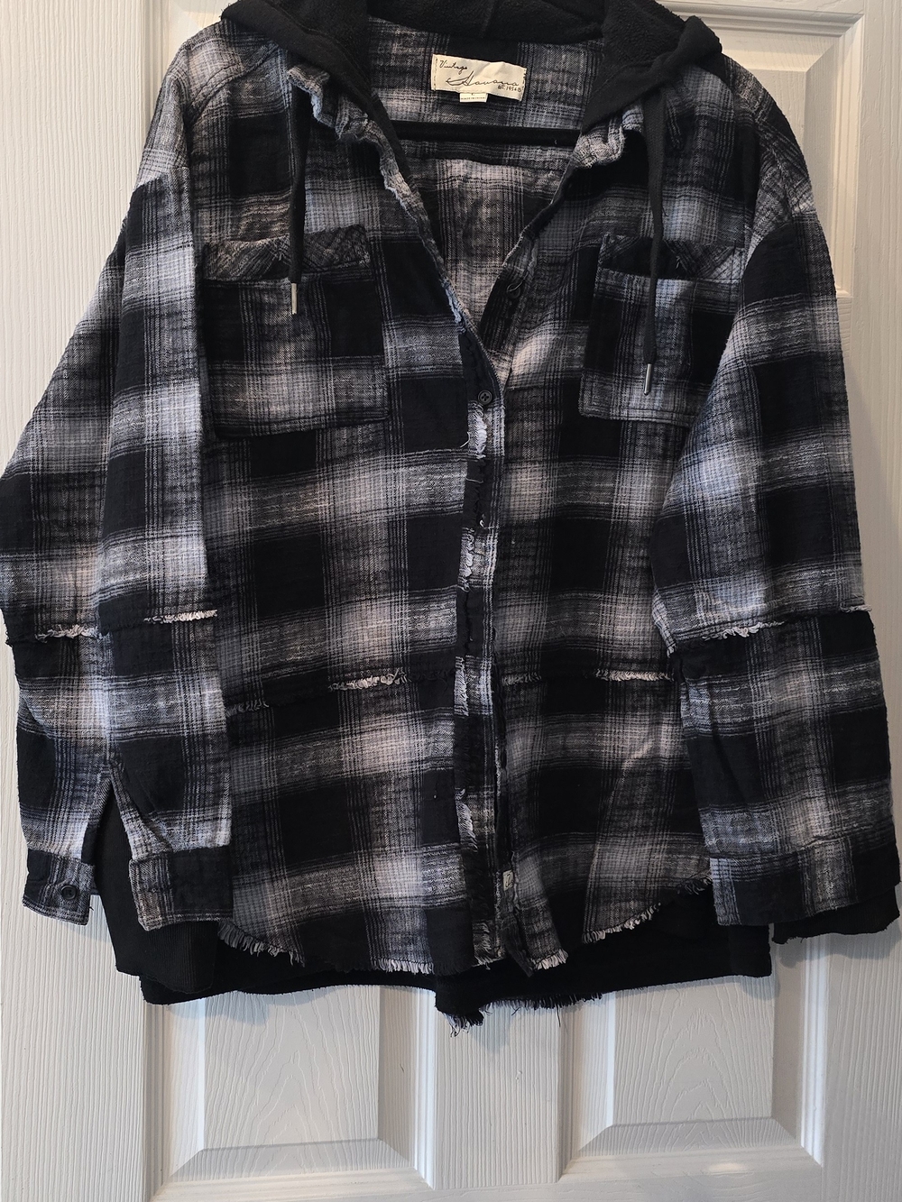 Vintage Black & White Plaid Hooded Button-Down Shirt